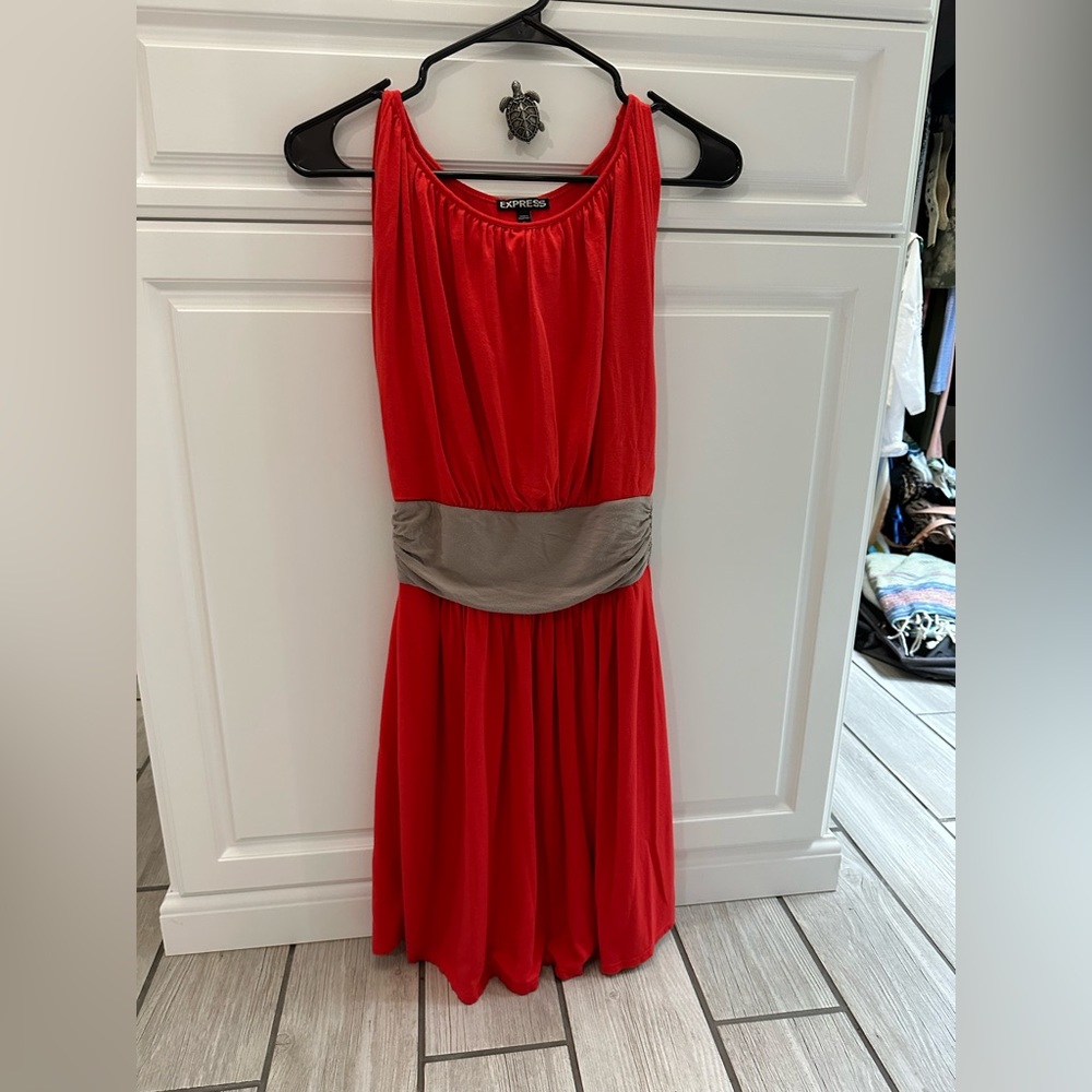 XS Express Casual Summer Knit Dress Burnt Orange Taupe Sash gather Across Waist